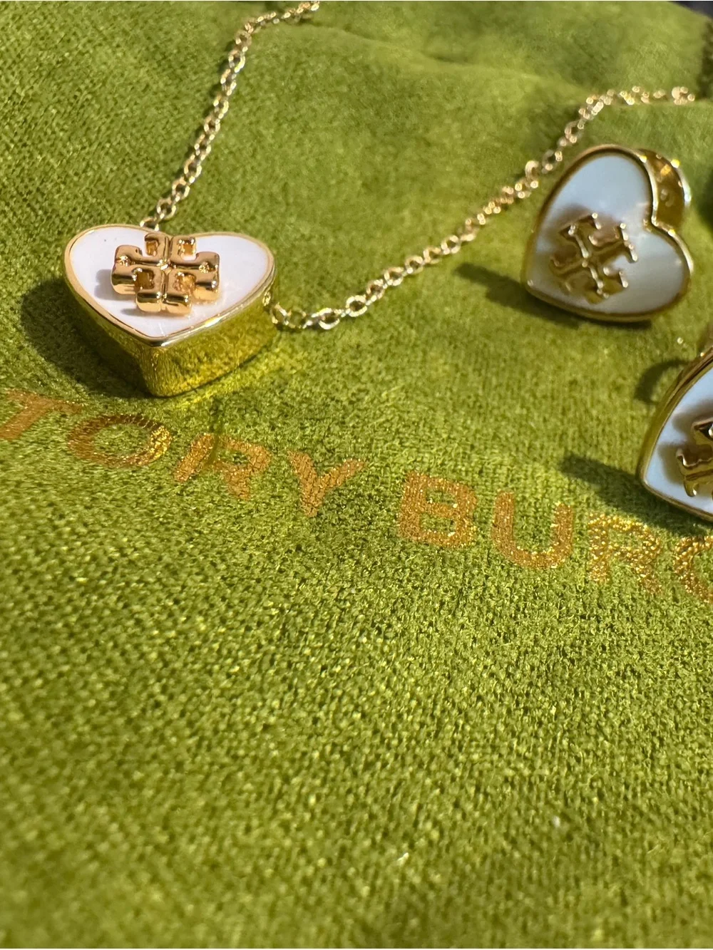 Tory Burch Gold and White Heart Logo Necklace with Matching Studs
